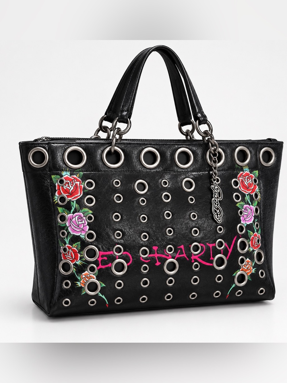 Ed Hardy Black Tote with Pink Logo and Multicolor Floral Embroidery